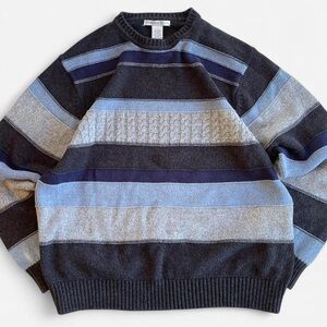 Geoffrey Beene Dark & Light Grey Blue Striped Cotton Knit Sweater